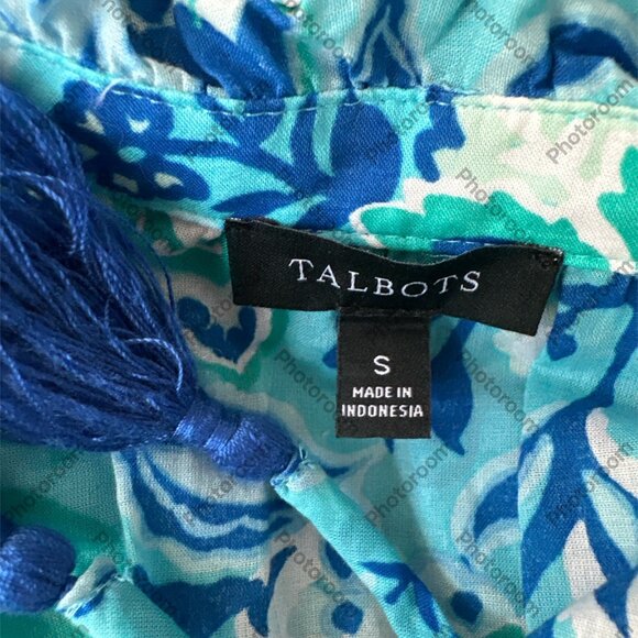 Talbots Blue & White Floral Short Sleeve Tassel Tie Neck Small Blouse - Picture 4 of 5